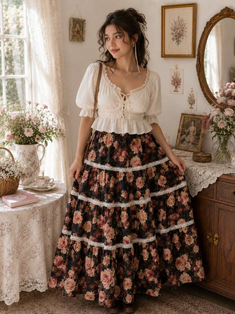 Cottagecore Floral Tiered Maxi Skirt Lace Trim Boho Prairie Romance